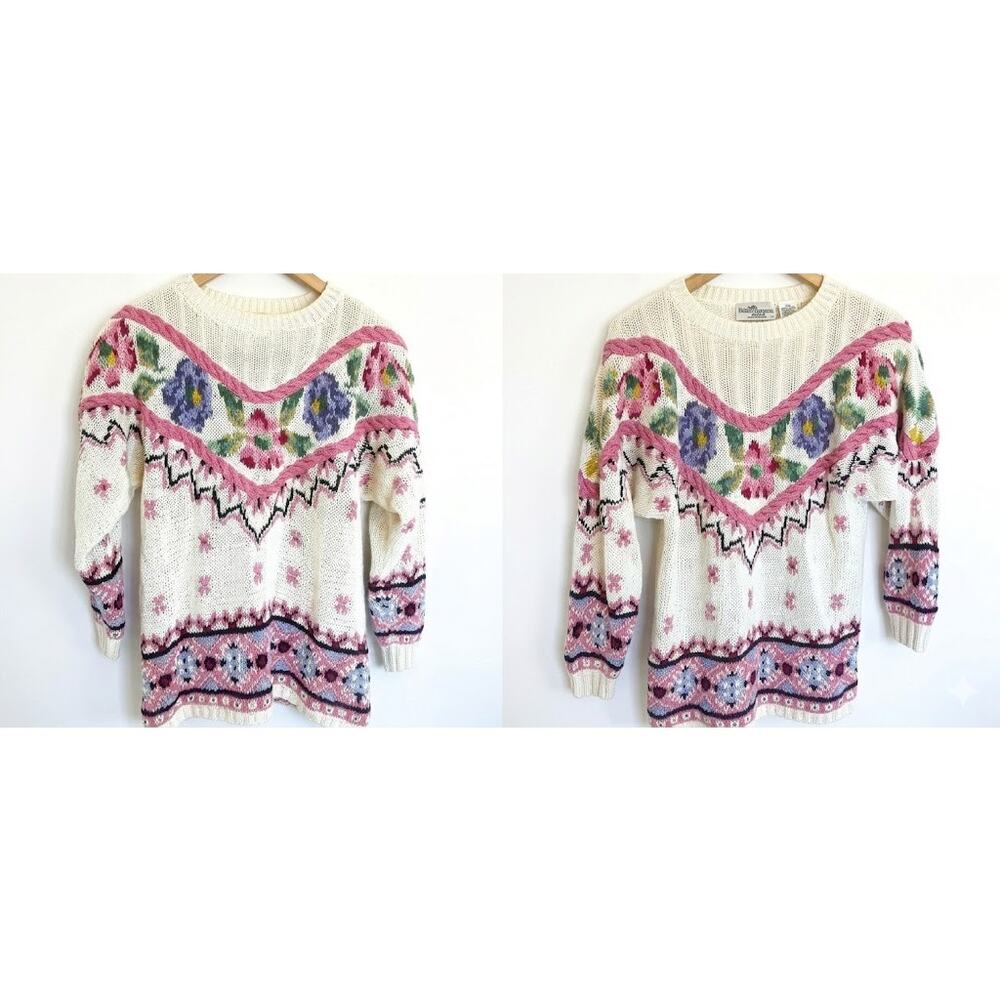Vtg 80s Jennifer Reed Hand Knit Floral Sweater Cottagecore Intarsia Medium M